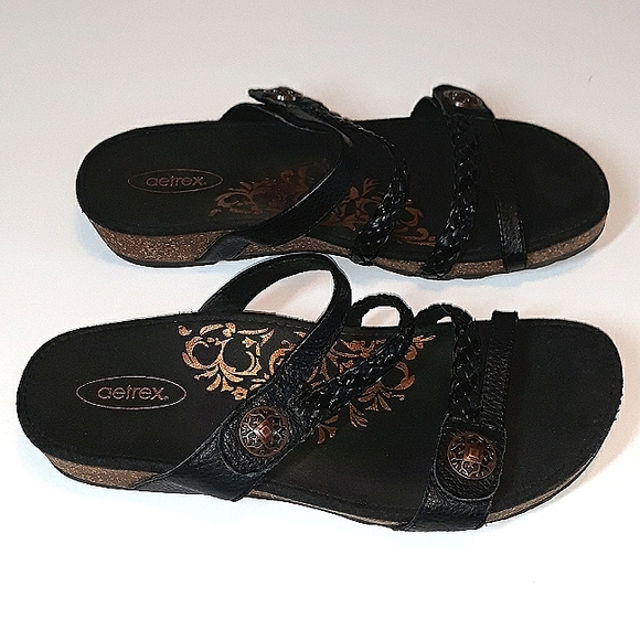 Aetrex Shoes - Aetrex Janey Braided Slide Black Leather 7.5